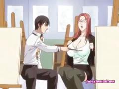 Manga redhead with huge melons sucks a cock.